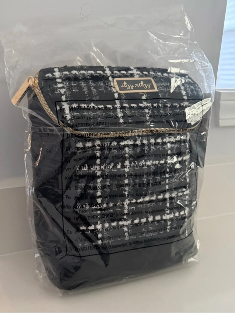 Itzy Ritzy Black & White Tweed Men’s Backpack with Gold Accents
